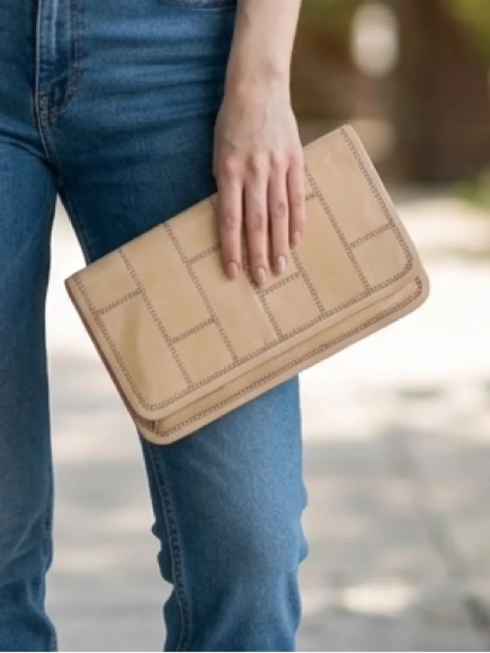 HOBO Beige Leather Stitch-Detail Fold-Over Clutch